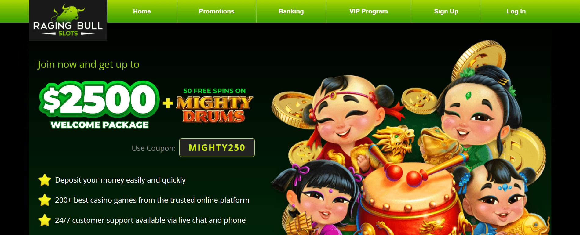 Platform view of Raging Bull casino featuring high bonuses and VIP rewards